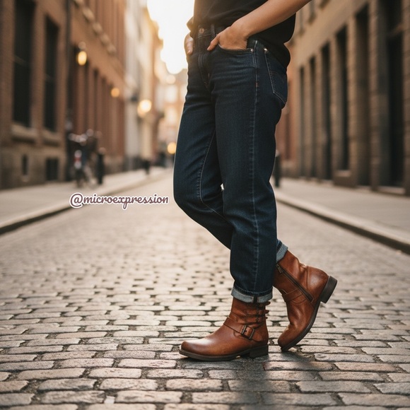 $389 Veronica Short Belted Cognac Leather Fringe Moto Vintage Combat Ankle Boot - Picture 5 of 16